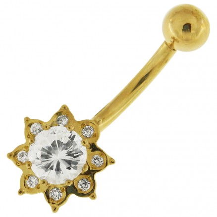 14K Gold Flower Shaped Jeweled Belly Ring