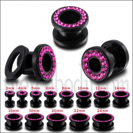 UV Ear Flesh Tunnel in Glue Setting with Pink Stones