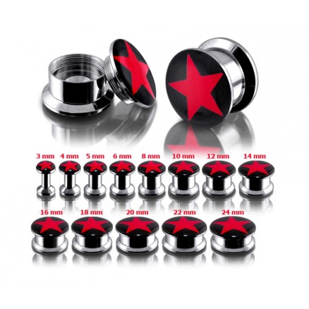 SS Internal Screw Fit With Red Star Logo Ear Tunnel